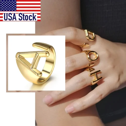 Gold Color 26 Letters Opening Ring Hollow Initials Name Adjustable Finger Rings For Women Trendy Jewelry Gift Dropshipping GR68A