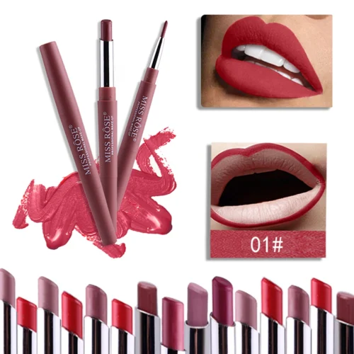 MISS ROSE 2 In 1 Matte Lipstick Lip Liner Nude Lipliner Makeup Waterproof Lipstick Pen Long Lasting Lip Pencil Makeup Lovable