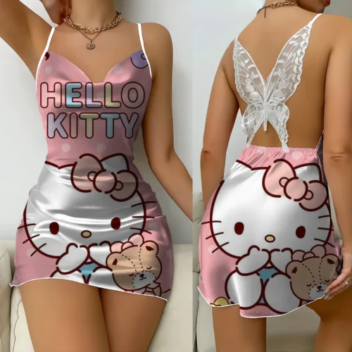 Mini Dress Pajama Skirt Hello Kitty Sexy Dresses Off Shoulder Bow Knot Satin Surface Womens Fashion Summer 2024 Short Party Lace