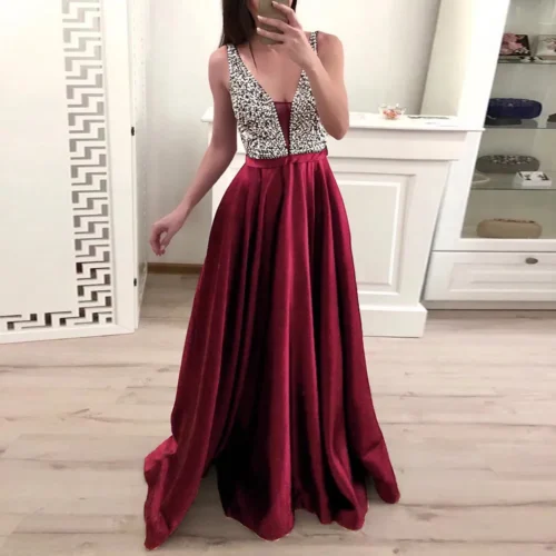 Luxury Diamonds Evening Wedding Guest Long Party Dresses For Women 2023 Summer Sexy Deep V Neck Bridesmaid Birthday Maxi Dress