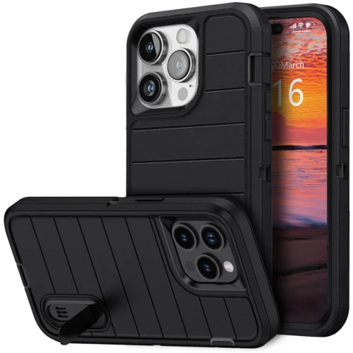 For iPhone 14/iPhone 14 Plus/iPhone 14 Pro/iPhone 14 Pro Max 5G 3-Layers Heavy Duty Protective Kickstand Phone Cover Black Case