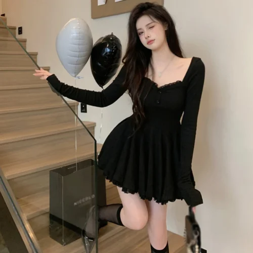 Women Sexy Korean Dress French Style Waist Closed Long Sleeve Collarbone Exposed Sweet