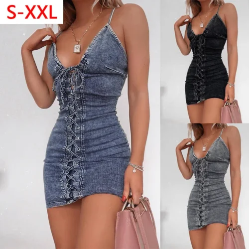 Sexy Fashion Denim Women Mini Women Sexy Party Dresses Stretch Denim Dress Spagetti Straps Bandage V-neck Jeans Dresses