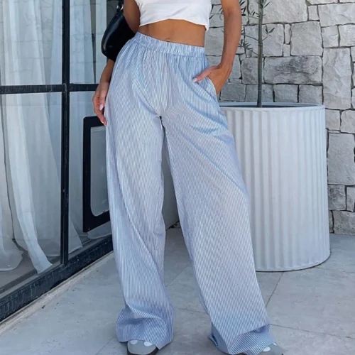 Blue White Stripe Women Baggy Pants With Pocket 2024 Loose Casual Wide Leg Straight Trousers With Pocket 2024 Summer Pantalones