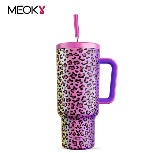 Meoky 40oz/1182ml Cup Rainbow Leopard Print Water Bottle With Handle Lid Stainless Steel Vacuum Juice Cup Leak-proof Car Mug