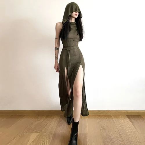 Gothic Dress For Women Korean New Trend Sleeveless New Hooded Loose Dress Sexy Ladies Cosplay High Split Punk Fashion Dress