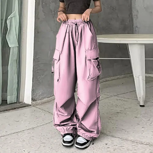 Womens Grey Pink Baggy Cargo Pants Streetwear Hip Hop Joggers Sweatpants Drawstring Casual Loose Pants for Women with Pockets