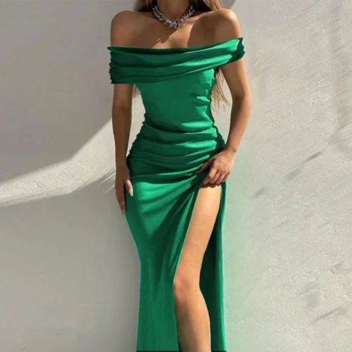 Women's Formal Dresses Fashion Solid Color Off Shoulder Satin Slim Side Slit Midi Dress Elegant Party Evening Dress For Women