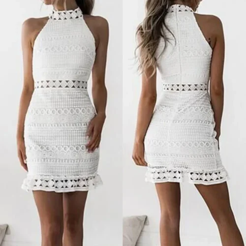 Women Lace Sleeveless Sexy Women Dress Lace Hollow Backless Elegant Party Chic Retro Dress Black White Lace Dresses New