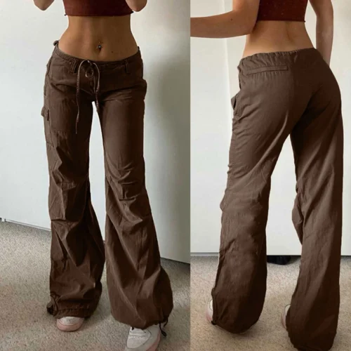 Low Waist Y2k Pants Straight Wide Leg Trousers Women Cargo Pants Streetwear Vintage 90s Sweatpants Solid Drawstring Baggy Jeans