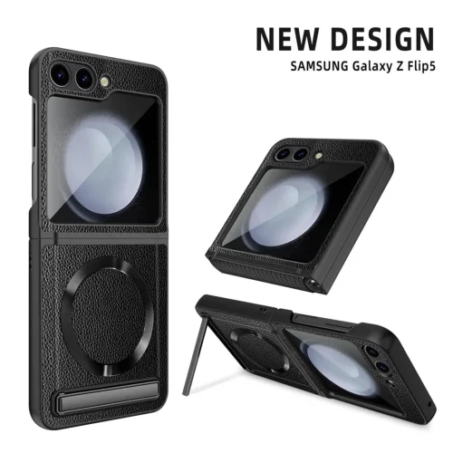 For Samsung Galaxy Z Flip 5 Leather Case with Invisible Bracket Magnetic Wireless Charging Folding Hinge Protection Cover