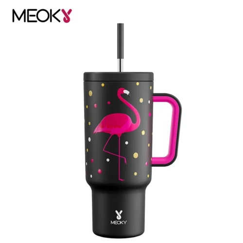 Meoky 40oz Cup Stainless Steel Water Bottle With Lid Black Flamingo Leak-proof Vacuum Cup Coffee Car Mug Juice Milk Tea Cup