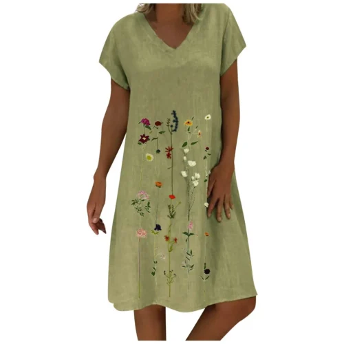 New Fashion Women Cotton Linen Dress Plus Size Embroidered Short Sleeves V-neck Casual Short Dress Casual Beach Oversized Dress