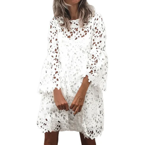 Embroidered Lace Hollow Out Dresses For Women 2023 Elegant O Neck Flare Sleeve Dress Vestidos Ladies Solid Loose Dresses платье