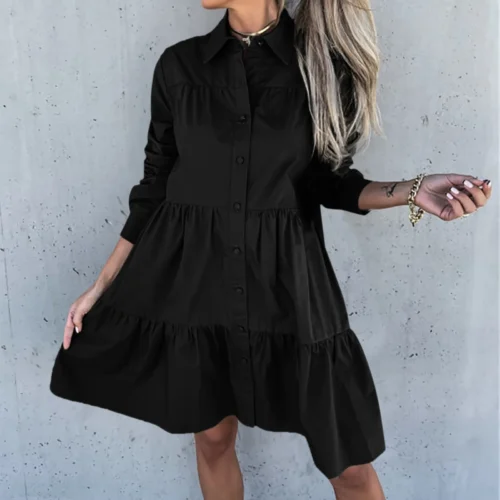 Women's Solid Color Lapel Long Sleeve Casual Shirt Dress Fashion Loose Button Down Swing Hem Party Dress For Women Elegant Robe