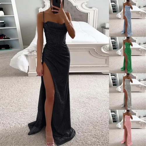 Women's Solid Color Sequin Dress Strap Sleeveless Backless Strap Cocktail Party Dress Women Casual Dress