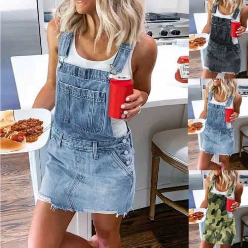 Women's Frayed Hem Adjustable Strap Denim Overall Dress Classic Casual Mini Jean Dresses Pocket Sleeveless Suspender Short Skirt