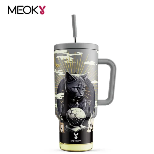 Meoky 40oz Cup Vacuum Tumbler with Lid Water Bottle Cat Stainless Steel Portable Car Mug Large Capacity Juice Milk Tea Cup