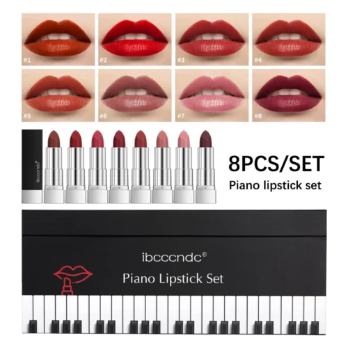 8Pcs/Set Velvet Matte Lipstick Set Long Lasting Waterproof Creative Piano Box Design Nude Red Batom Makeup Cosmetic Gifts