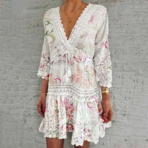 2024 Summer Sexy Hollow Out Print Vintage Dress Women Elegant Long Sleeve A-Line Dresses Fashion Deep V Neck Party Dress Vestido