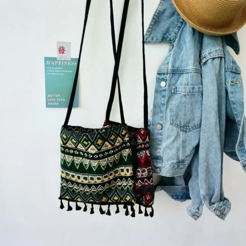 Bohemian Crossbody Bag Bohemian Style Women's Shoulder Bag with Retro Ethnic Print Tassel Decor Large Capacity for Travel Long