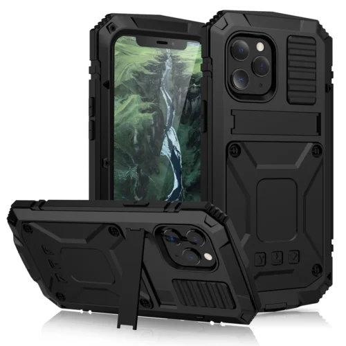 Full-Body Rugged Armor Shockproof Protective Case for iPhone 14 Plus 13 12 11 Pro Max Mini Kickstand Aluminum Metal Glass Cover