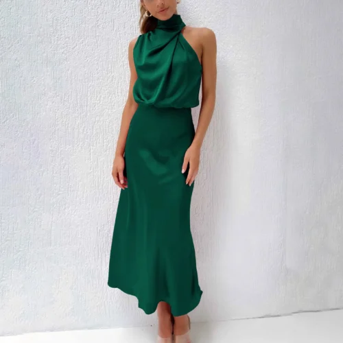 Women Halter Satin Silk Dresses Summer Sexy Champagne Green Evening Party Elegant Maxi Dresses For Women Formal Occasion Dresses