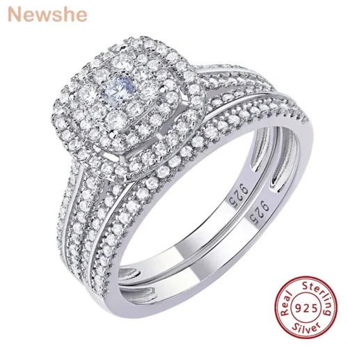 Newshe 2Pcs Wedding Rings for Women Solid 925 Sterling Silver Engagement Ring Bridal Set 1.6Ct Halo Round Cut AAAAA Zircon