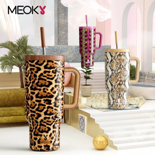 Meoky 40oz Cup Stainless Steel Water Bottle With Lid Leopard Snake Print Non-slip Vacuum Cup Portable Coffee Car Mug Milk Cup