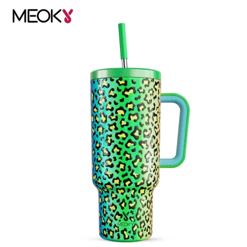 Meoky 40oz Cup Vacuum Water Bottle Gradient Leopard Print Stainless Steel Portable Coffee Car Mug Juice Milk Tea Cup Drink Ware