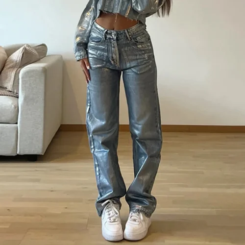 Metallic High Waist Straight Jeans Women Autumn Spring Wide Leg Denim Pants Baggy Streetwear Harajuku Vintage Female Clothing