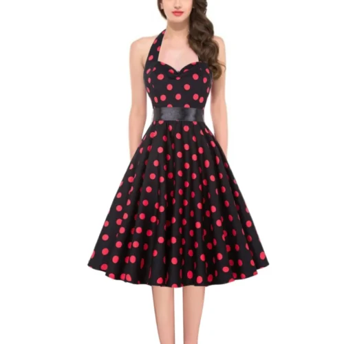 Vintage Polka Dot A-Line Dress Summer Women Sexy Halter Backless Low Cut Party Dress 50s 60s Retro Pin Up Rockabilly Swing Dress