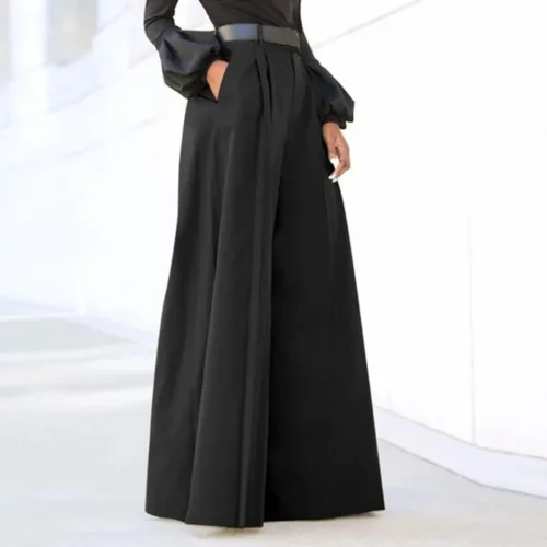 Elegance Pleated Skirt Pants 2024 New Solid Color High Waist Loose Wide Leg Trousers With Pocket Summer Casual A-Line Long Pant