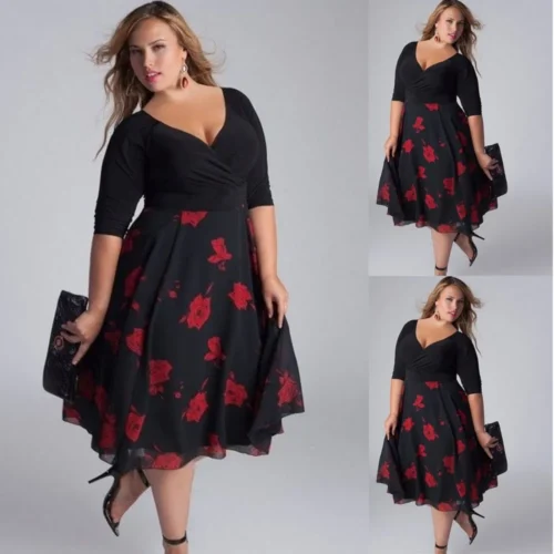 Women Plus Size Elegant V-Neck Floral Maxi Dress Sexy Evening Party Boho Beach Party Dress Casual Vacation Evening Party Dress