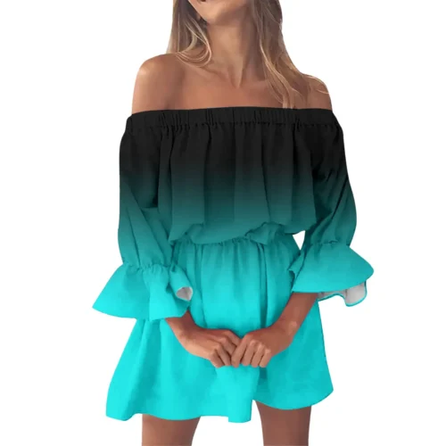 Gradient Print Elegant Off Shoulder Dresses for Women Summer Slash Neck Short Sleeve Boho Beach Sundress Ladies Ruffles Dress