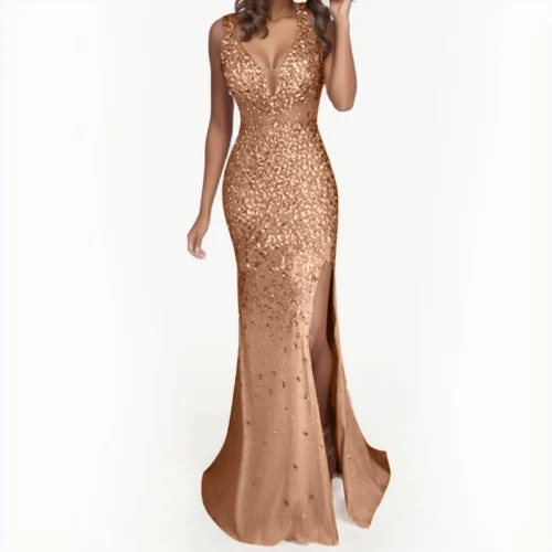 Elegant Sequin Evening Party Long Dress Women Sleeveless Slim Fit Dress Female Sexy Split Luxury Gown Prom Dresses Vestidos