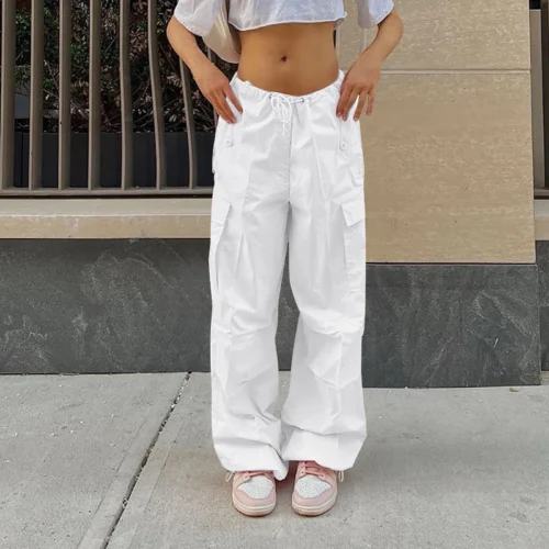 Women's Large Size Drawstring Straight Leg Cargo Pants Fashion Y2K Large Size Baggy Pants Solid Color Loose Casual Trousers