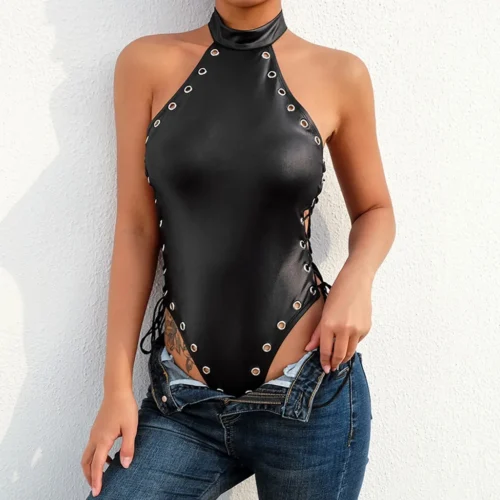 Vintage Women Faux Leather Bodysuit Gothic Punk Halter Body Top Sleeveless Black Pu Latex Bodysuit 2022