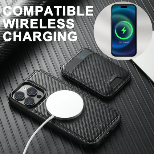 Carbon Fiber Leather Magnetic 2-in-1 Card Holder Wallet Phone Case Support Wireless Charging for iPhone 16ProMax 15Plus 14 13 12